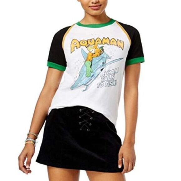Warner Brothers Juniors Aquaman Contrast Graphic Baseball T-Shirt - Picture 2 of 3